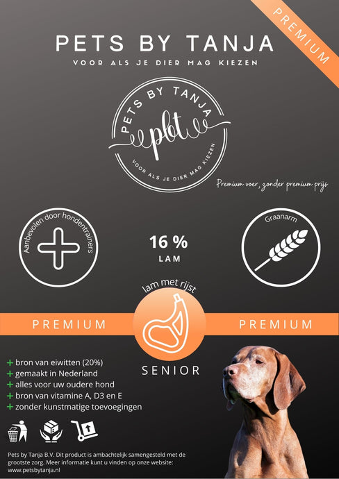 Premium Senior lam rijst hondenvoer - Pets by Tanja